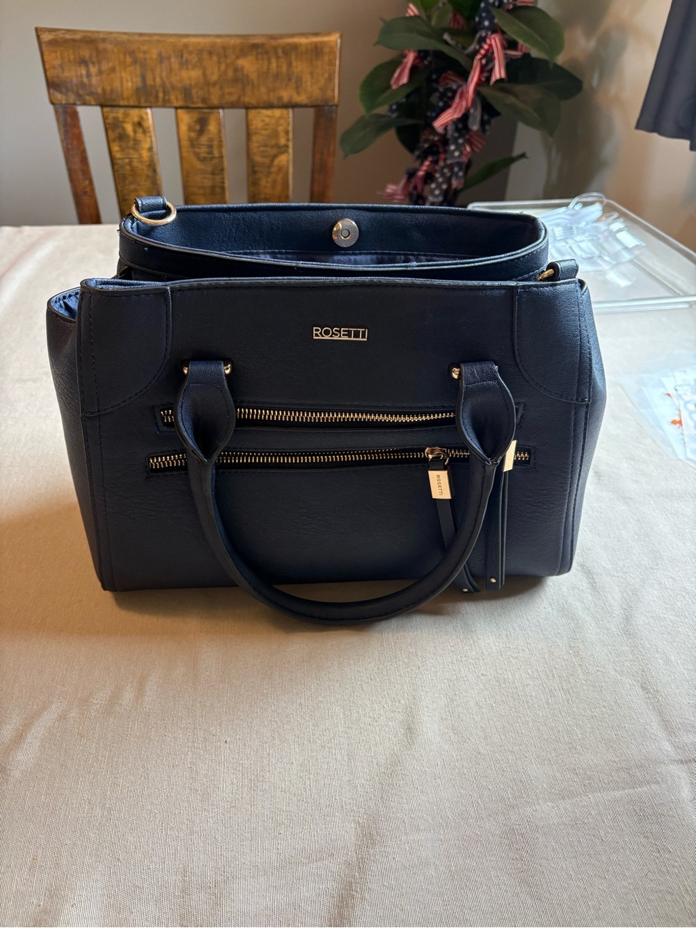 Rosetti Dark Navy Double-Zip Satchel with Gold Hardware